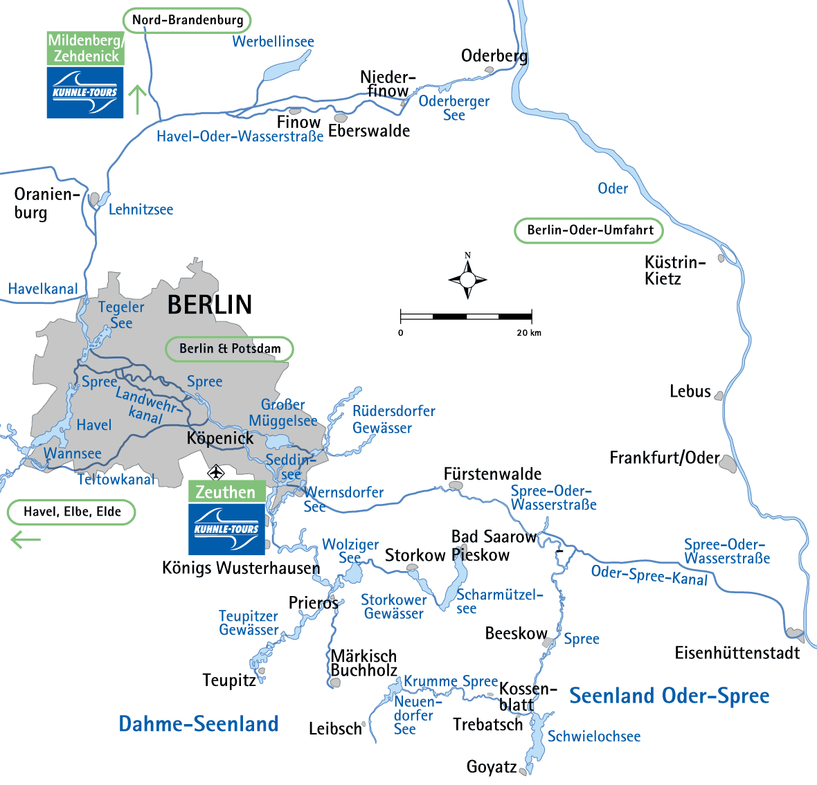 Karte für das Revier um Dahme, Oder und Spree mit eingezeichneten Kuhnle Tours Basen