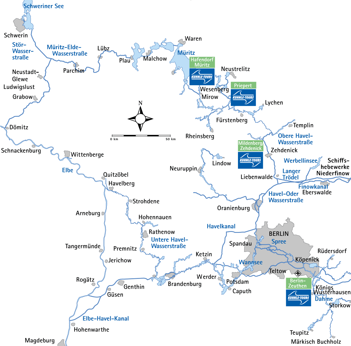 Karte für den Elbe-Rundtörn mit eingezeichneten Kuhnle Tours Basen